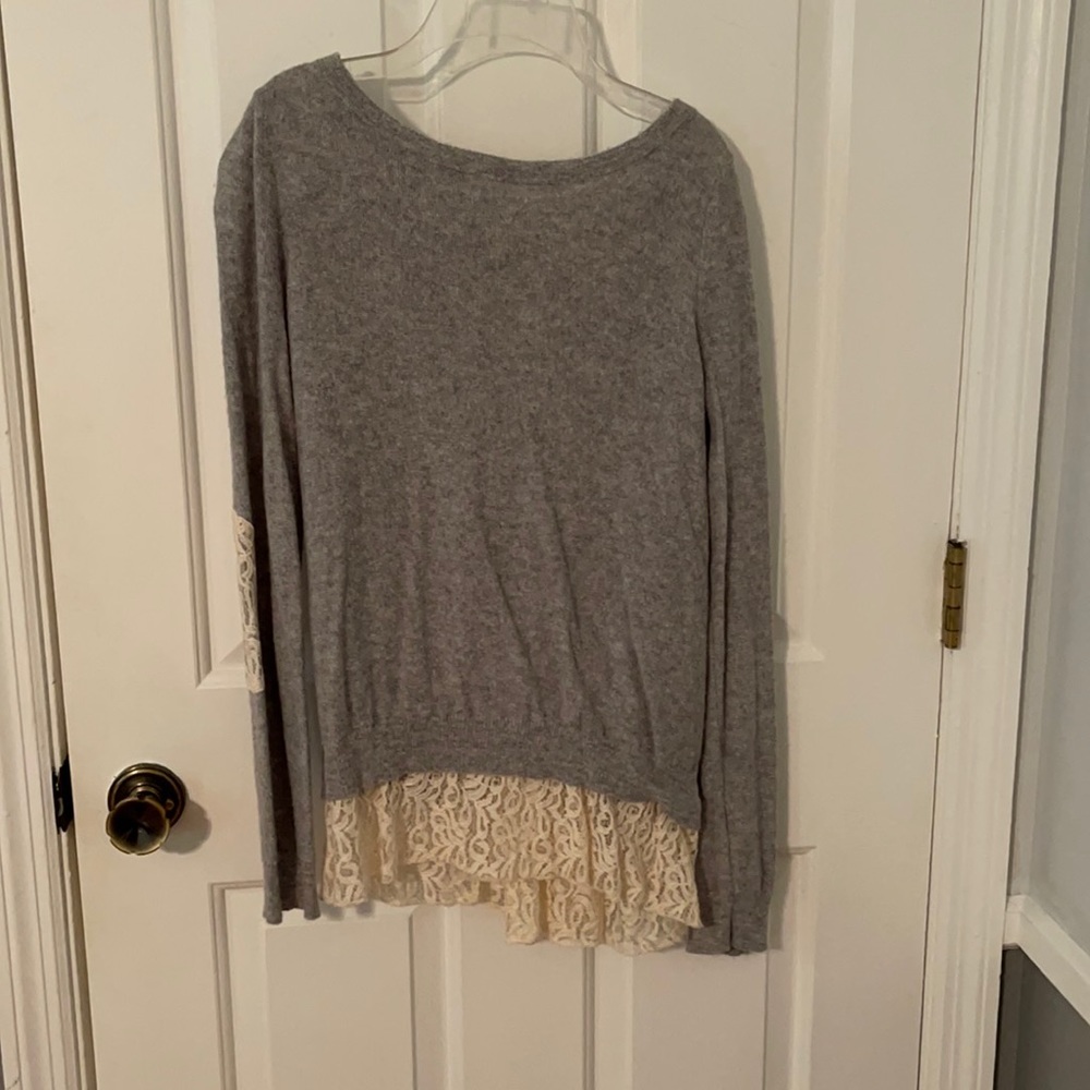 Grey and lace sweater with lace accents